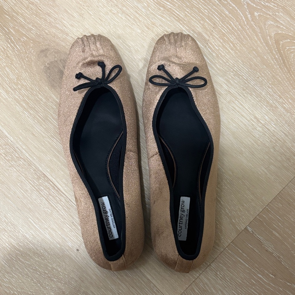 Courtney Grow Gold Velour Flats with Black Bow